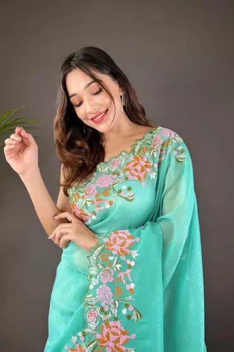 Turquoise silk embroidered thread work heavy look ethnic saree with blouse