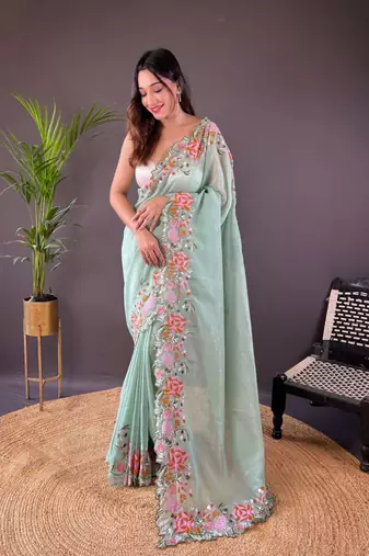 Green silk embroidered thread work heavy look ethnic saree with blouse