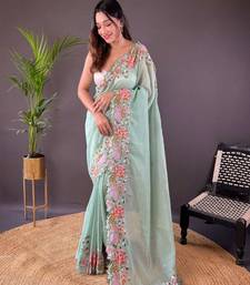 Green silk embroidered thread work heavy look ethnic saree with blouse