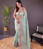 Green silk embroidered thread work heavy look ethnic saree with blouse