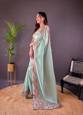 Green silk embroidered thread work heavy look ethnic saree with blouse 2