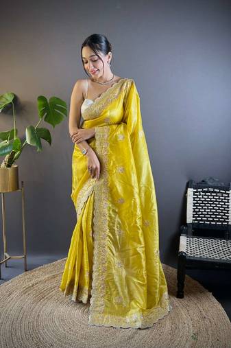 Yellow georgette embroidered thread work heavy look ethnic saree with blouse