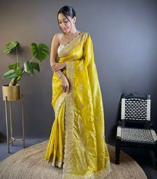 Yellow georgette embroidered thread work heavy look ethnic saree with blouse
