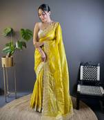 Yellow georgette embroidered thread work heavy look ethnic saree with blouse