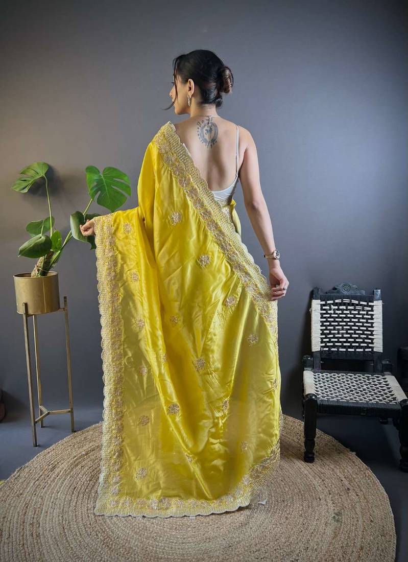 Yellow georgette embroidered thread work heavy look ethnic saree with blouse