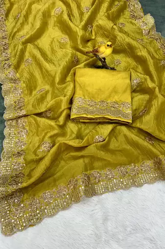 Yellow georgette embroidered thread work heavy look ethnic saree with blouse