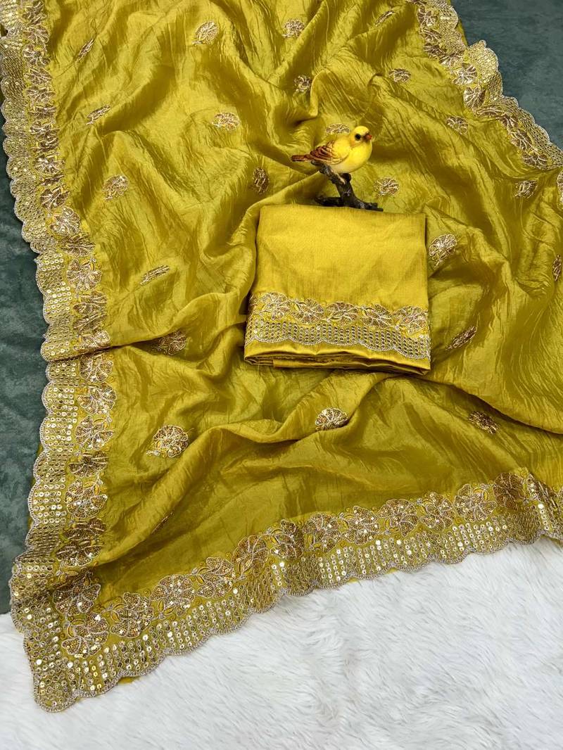 Yellow georgette embroidered thread work heavy look ethnic saree with blouse