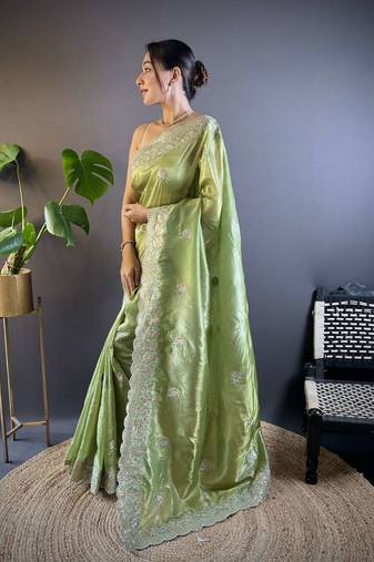 Green georgette embroidered thread work heavy look ethnic saree with blouse