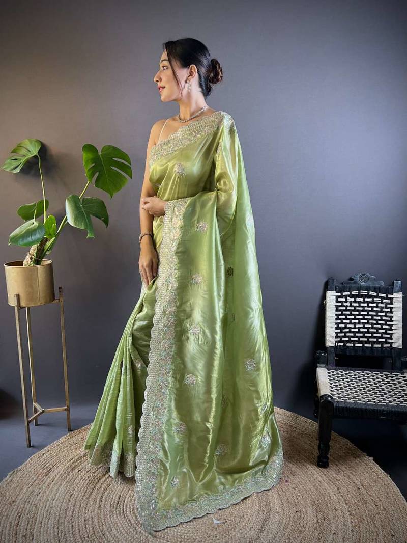 Green georgette embroidered thread work heavy look ethnic saree with blouse