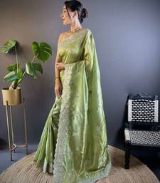 Green georgette embroidered thread work heavy look ethnic saree with blouse