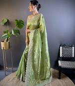 Green georgette embroidered thread work heavy look ethnic saree with blouse