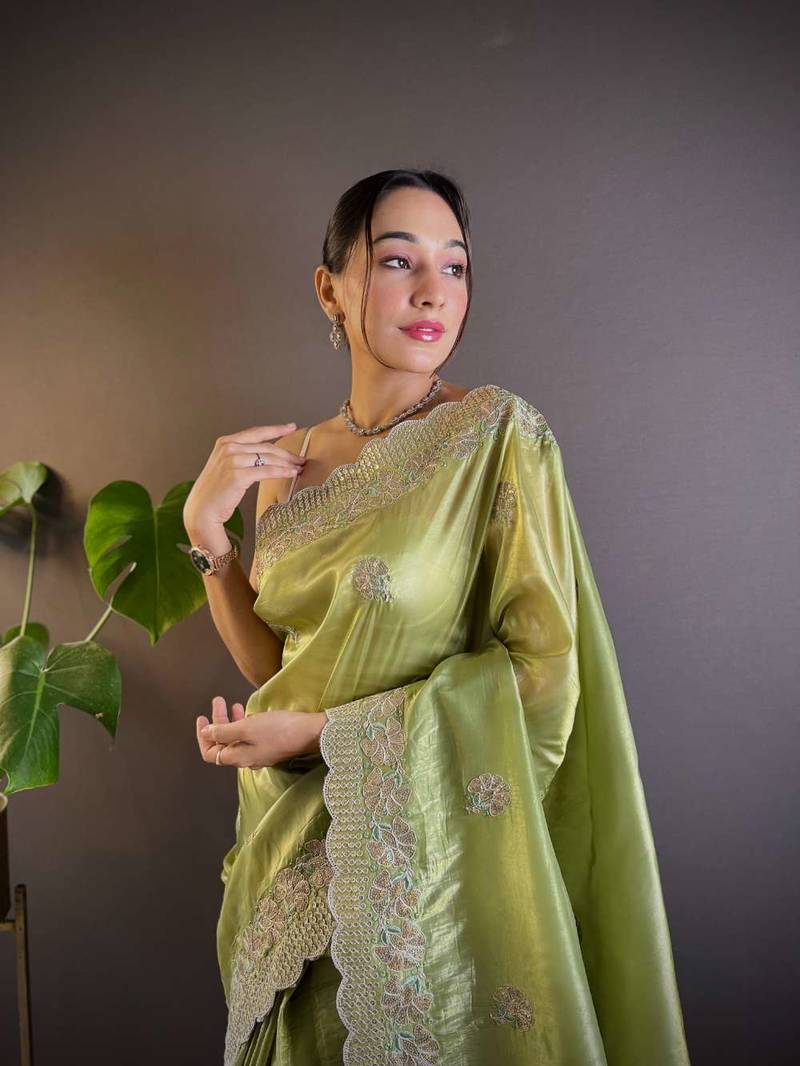 Green georgette embroidered thread work heavy look ethnic saree with blouse