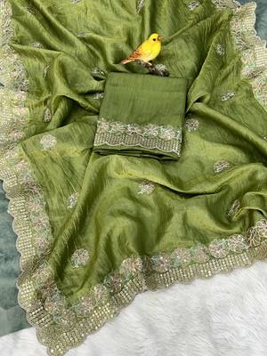 Green georgette embroidered thread work heavy look ethnic saree with blouse 4