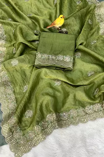 Green georgette embroidered thread work heavy look ethnic saree with blouse