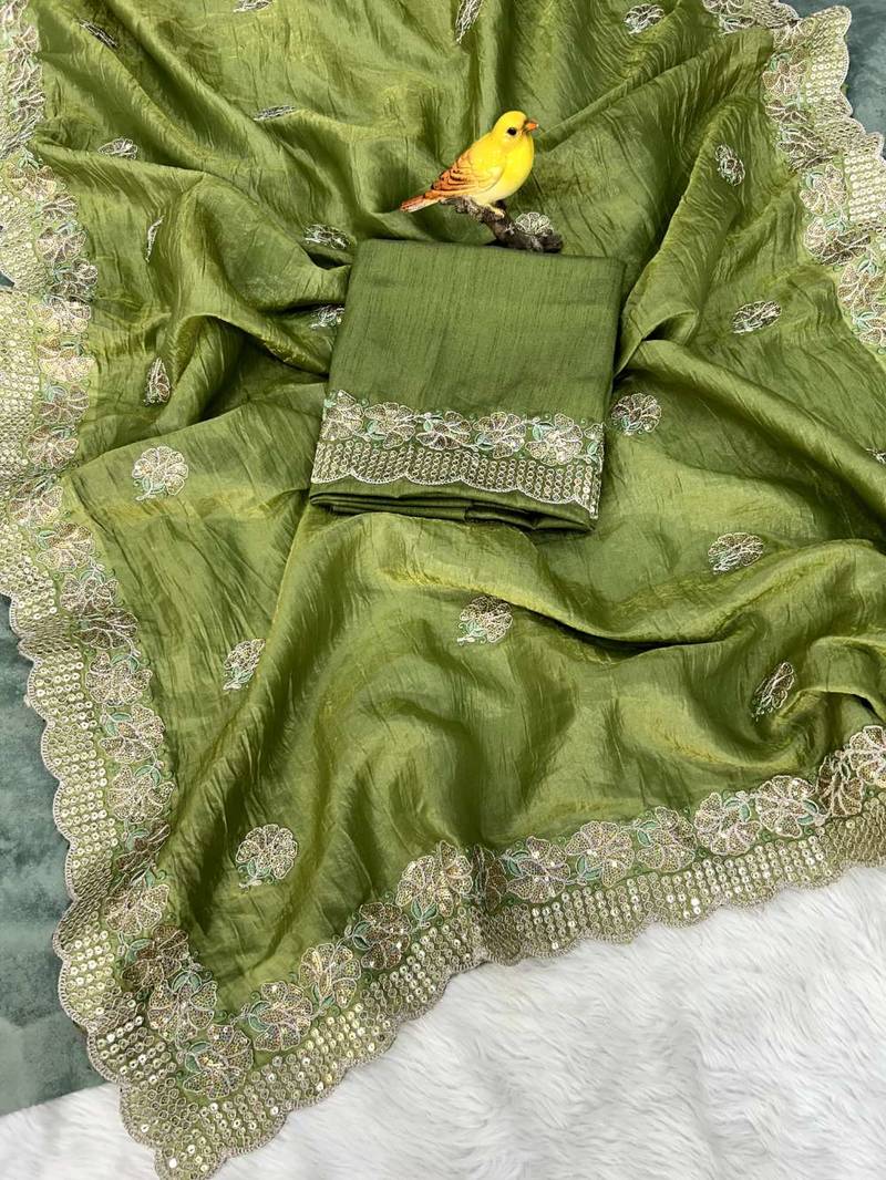 Green georgette embroidered thread work heavy look ethnic saree with blouse