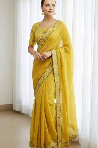 Yellow georgette embroidered thread work heavy look ethnic saree with blouse