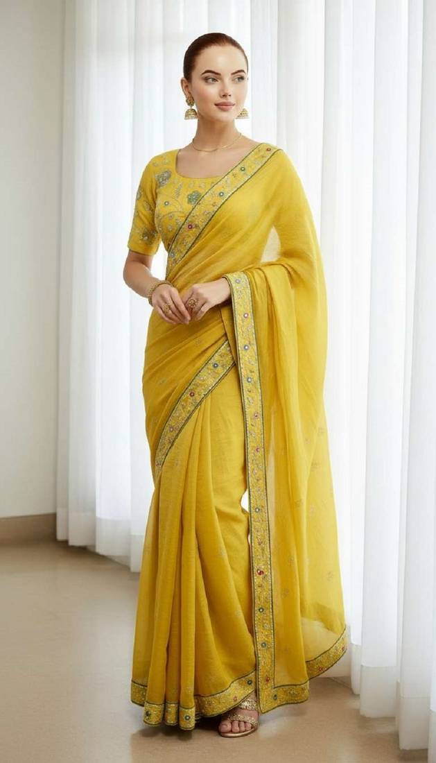 Yellow georgette embroidered thread work heavy look ethnic saree with blouse