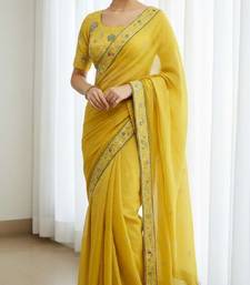 Yellow georgette embroidered thread work heavy look ethnic saree with blouse
