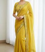 Yellow georgette embroidered thread work heavy look ethnic saree with blouse