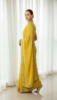 Yellow georgette embroidered thread work heavy look ethnic saree with blouse 2