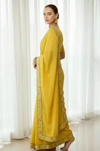 Yellow georgette embroidered thread work heavy look ethnic saree with blouse