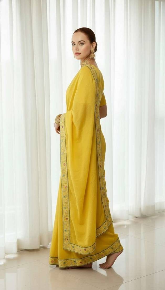 Yellow georgette embroidered thread work heavy look ethnic saree with blouse
