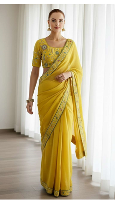 Yellow georgette embroidered thread work heavy look ethnic saree with blouse 3