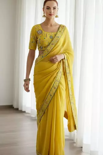 Yellow georgette embroidered thread work heavy look ethnic saree with blouse