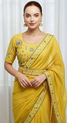 Yellow georgette embroidered thread work heavy look ethnic saree with blouse 4