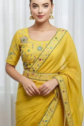 Yellow georgette embroidered thread work heavy look ethnic saree with blouse