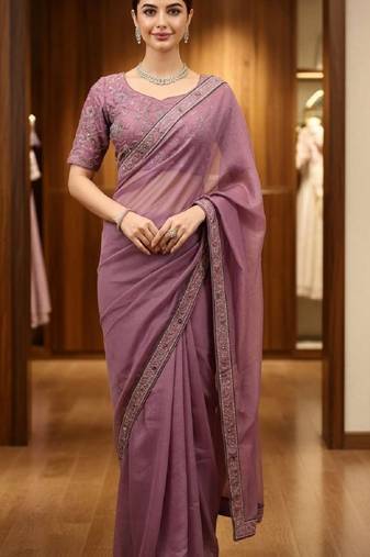 Purple georgette embroidered thread work heavy look ethnic saree with blouse