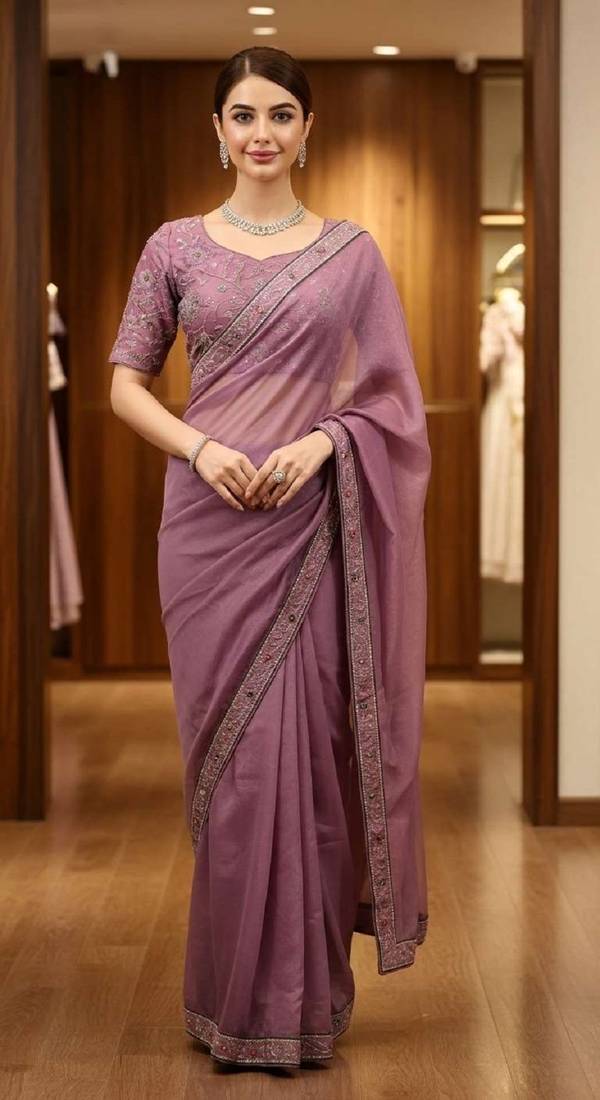 Purple georgette embroidered thread work heavy look ethnic saree with blouse