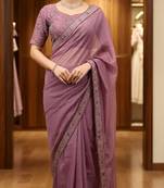 Purple georgette embroidered thread work heavy look ethnic saree with blouse