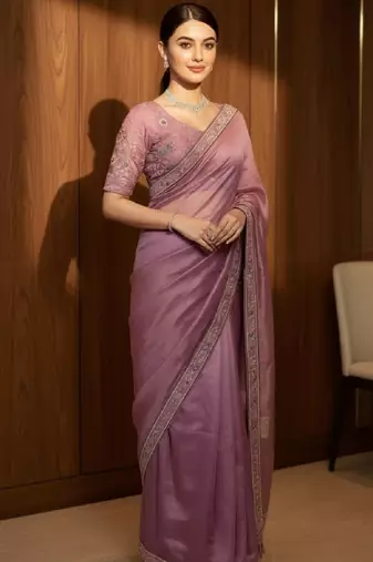 Purple georgette embroidered thread work heavy look ethnic saree with blouse