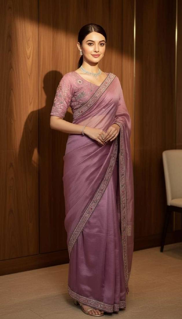 Purple georgette embroidered thread work heavy look ethnic saree with blouse