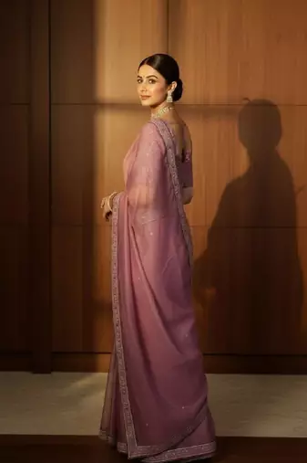 Purple georgette embroidered thread work heavy look ethnic saree with blouse