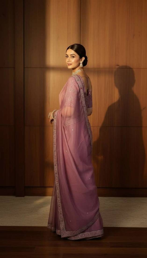 Purple georgette embroidered thread work heavy look ethnic saree with blouse