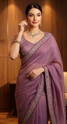 Purple georgette embroidered thread work heavy look ethnic saree with blouse 4