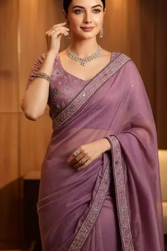 Purple georgette embroidered thread work heavy look ethnic saree with blouse