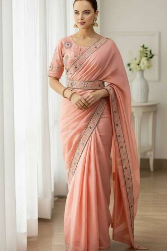 Peach georgette embroidered thread work heavy look ethnic saree with blouse