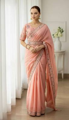 Peach georgette embroidered thread work heavy look ethnic saree with blouse 1