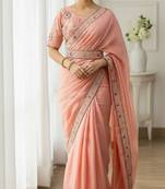 Peach georgette embroidered thread work heavy look ethnic saree with blouse