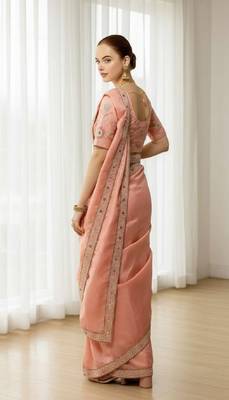 Peach georgette embroidered thread work heavy look ethnic saree with blouse 2