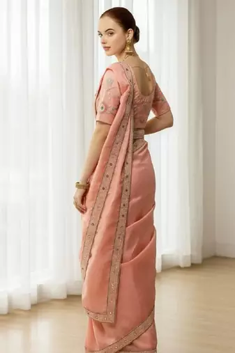 Peach georgette embroidered thread work heavy look ethnic saree with blouse