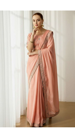 Peach georgette embroidered thread work heavy look ethnic saree with blouse 3