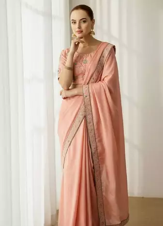 Peach georgette embroidered thread work heavy look ethnic saree with blouse