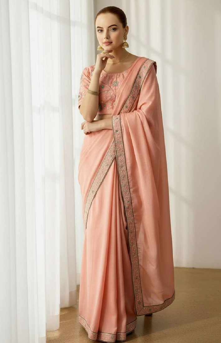 Peach georgette embroidered thread work heavy look ethnic saree with blouse