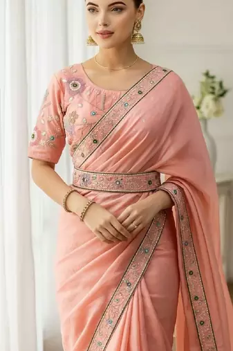 Peach georgette embroidered thread work heavy look ethnic saree with blouse