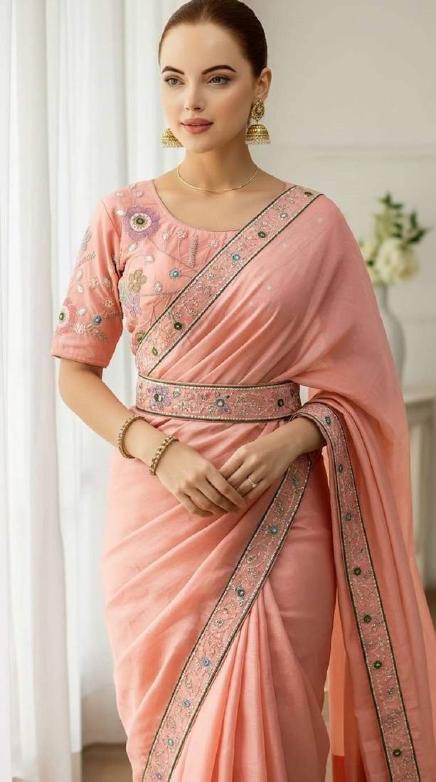 Peach georgette embroidered thread work heavy look ethnic saree with blouse