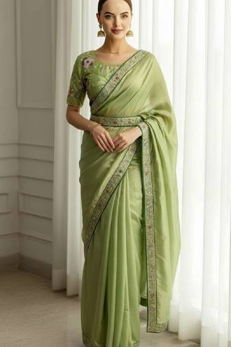 Green georgette embroidered thread work heavy look ethnic saree with blouse